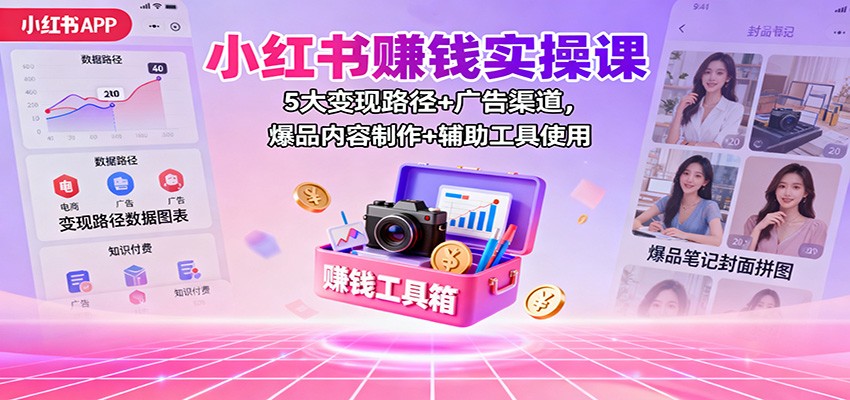小红书赚钱实操课：5大变现路径+广告渠道，爆品内容制作+辅助工具使用-财流引擎