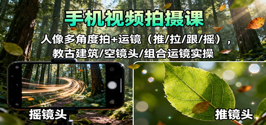 手机视频拍摄课:人像多角度拍+运镜(推/拉/跟/摇),古建筑/空镜头/组合运镜实操-财流引擎